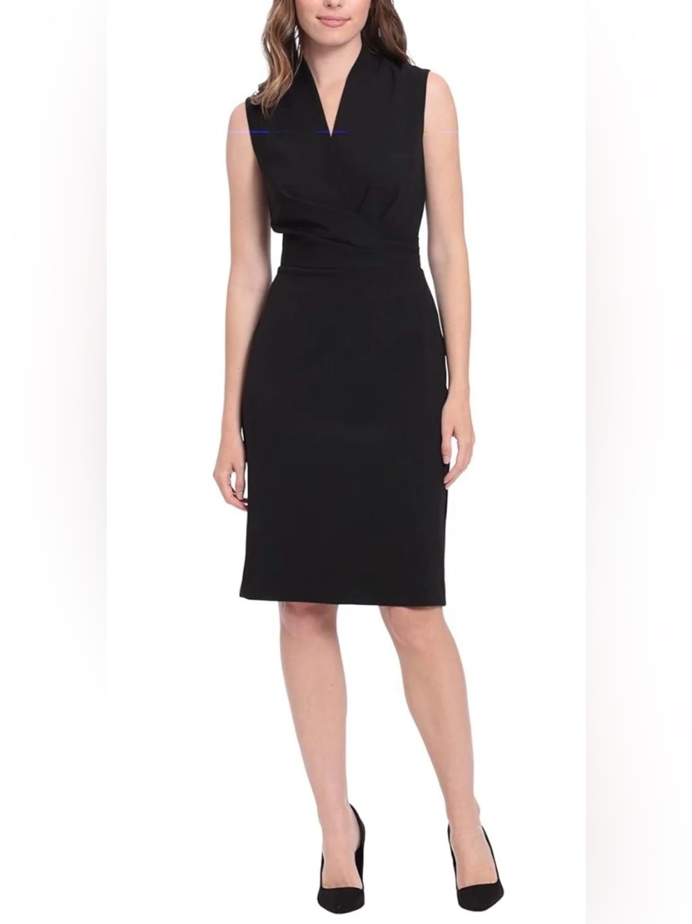 London Times Black Knit Sheath Dress V-Neck Sleeveless Lined Zip Sz 12